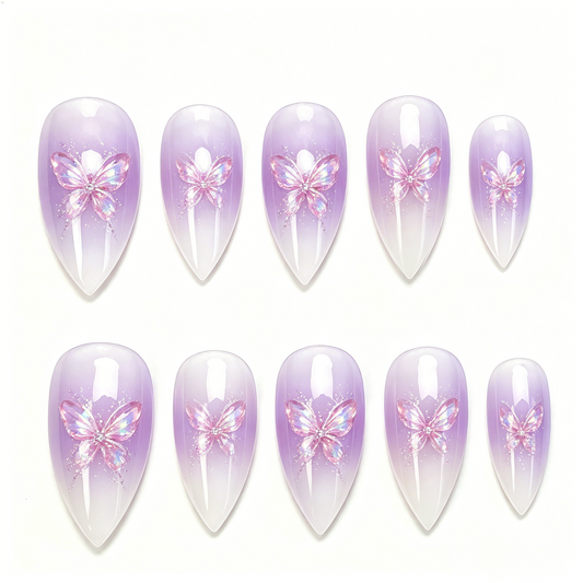 Iridescent Purple Butterfly Stiletto Press On Nails