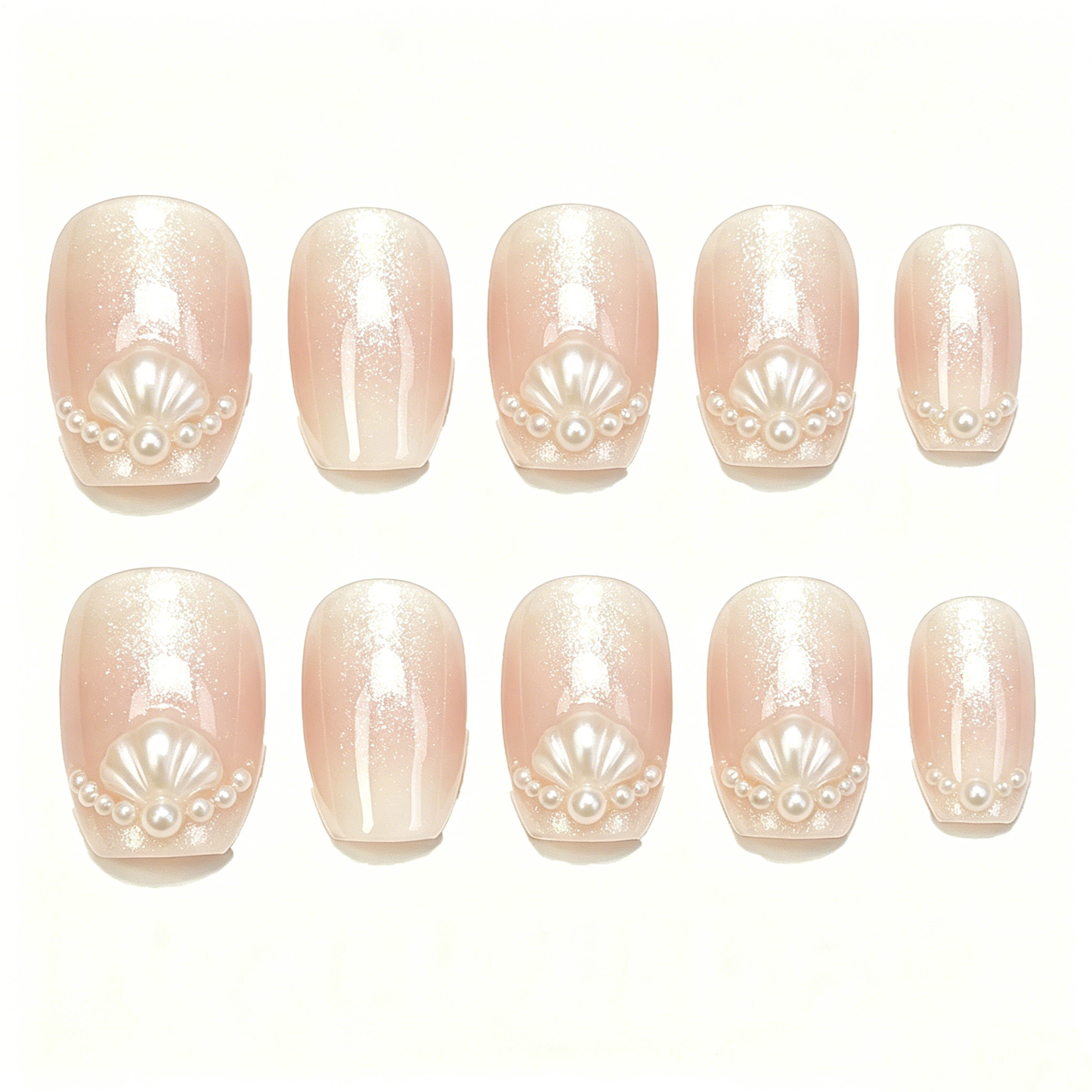 Nude Seaside Shell Pearl Round Press On Nails