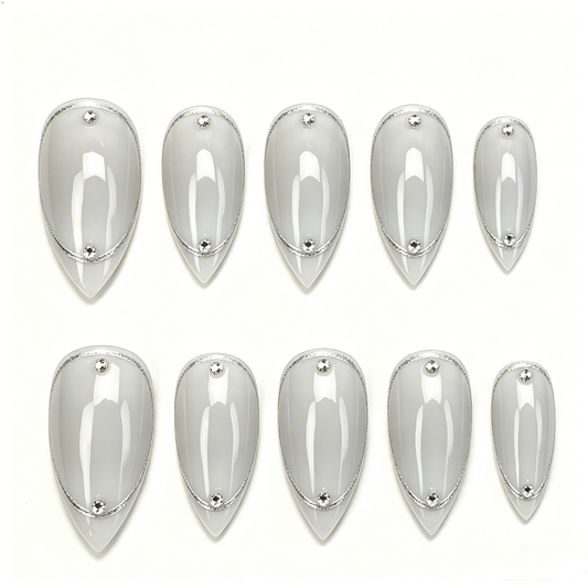 Milky Gray Silver Trim Minimal Almond Nails