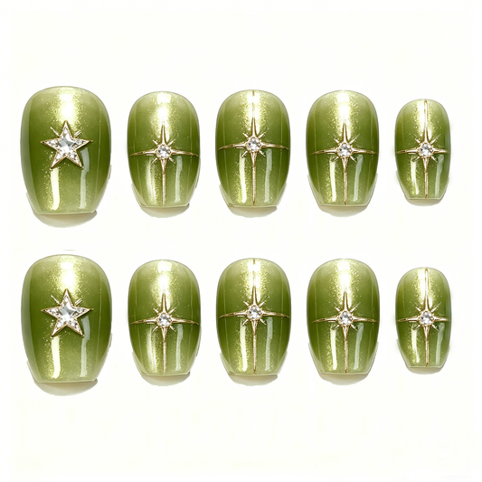 Green Cat Eye Gold Star Square Nails