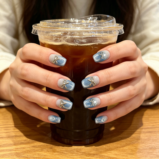 Blue White Gradient Silver Bow Square Nails