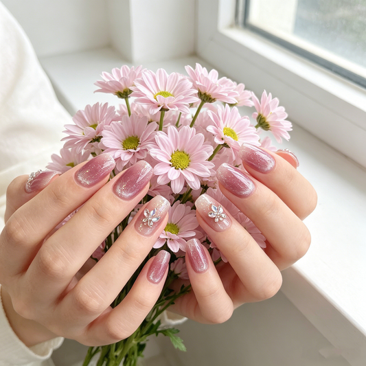 Pink Aurora Gradient Flower Square Press On Nails