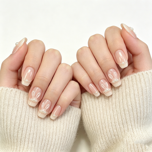 Pink Cute Bunny Pearl Round Press On Nails