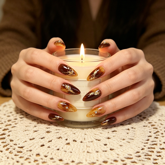 Amber Tortoiseshell Gold Foil Luxury Almond Nails