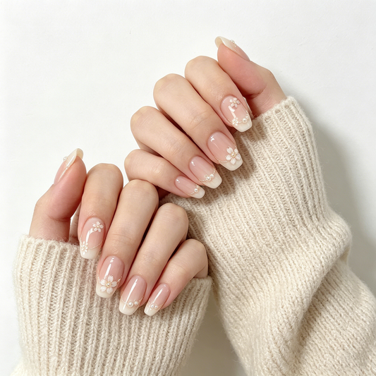 Pink Cherry Blossom Pearl Chain Round Press On Nails