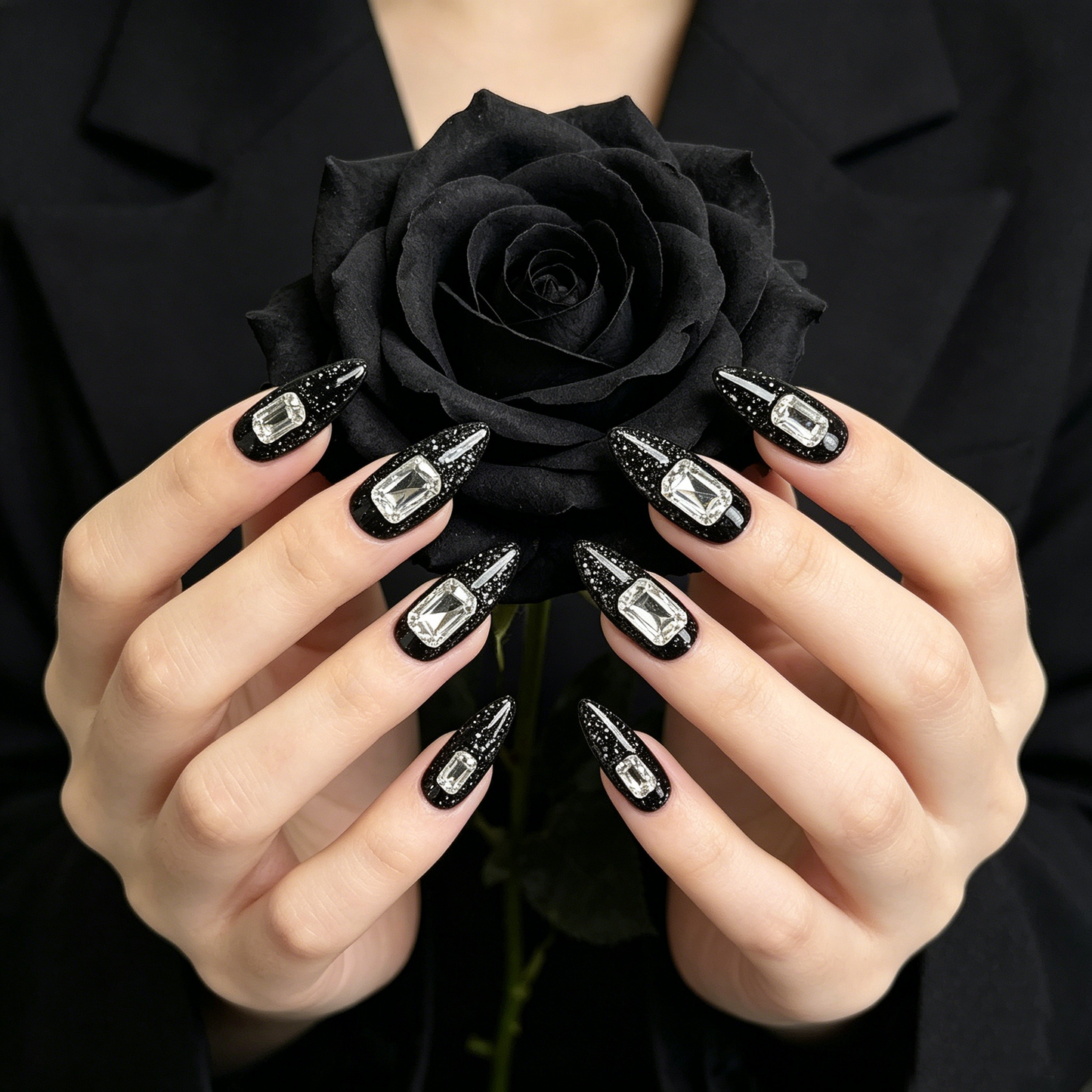 Black Glitter Big Square Diamond Cool Almond Nails