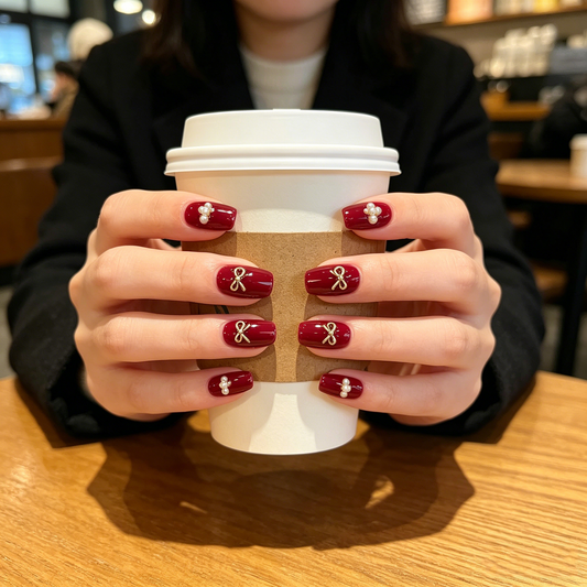 Burgundy Gold Bow Pearl Square Nails