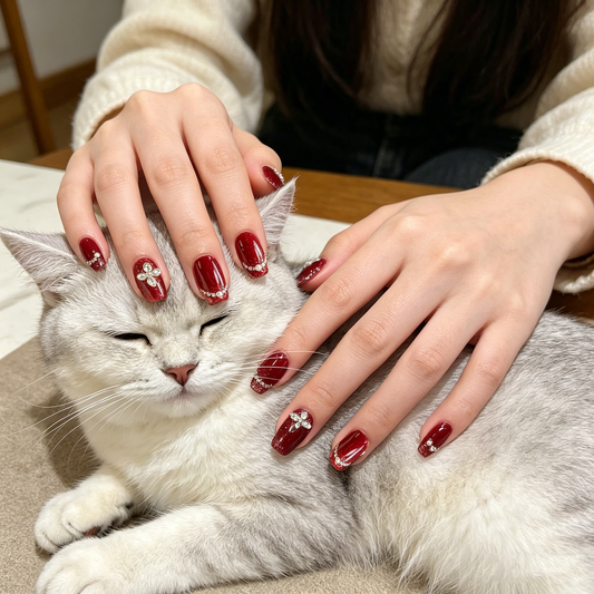 Burgundy Glitter Pearl Flower Square Nails
