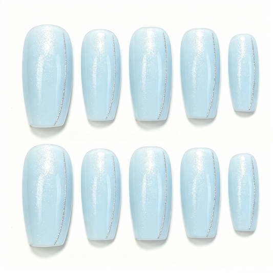 Light Blue Silver Line Press On Nails