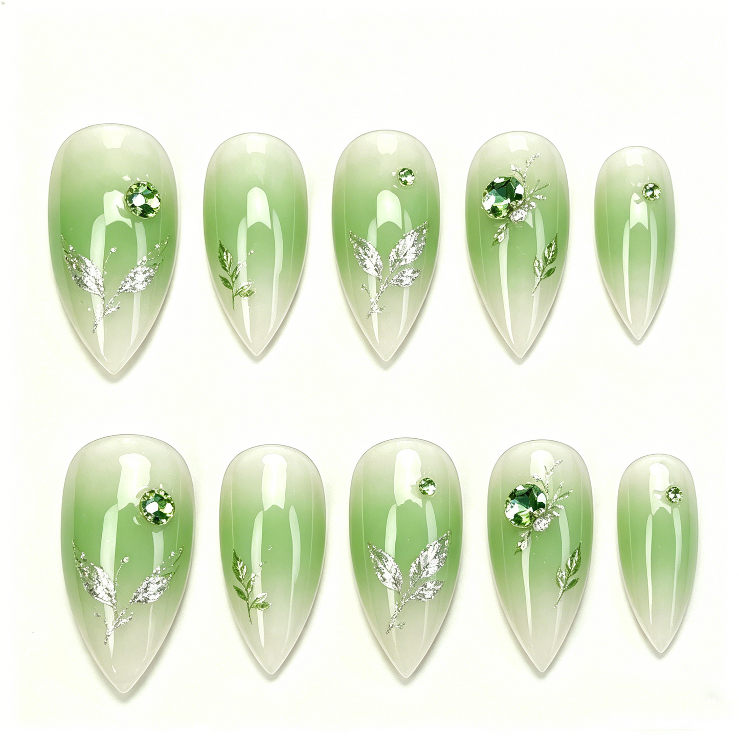 Emerald Green Leaf Glitter Almond Nails