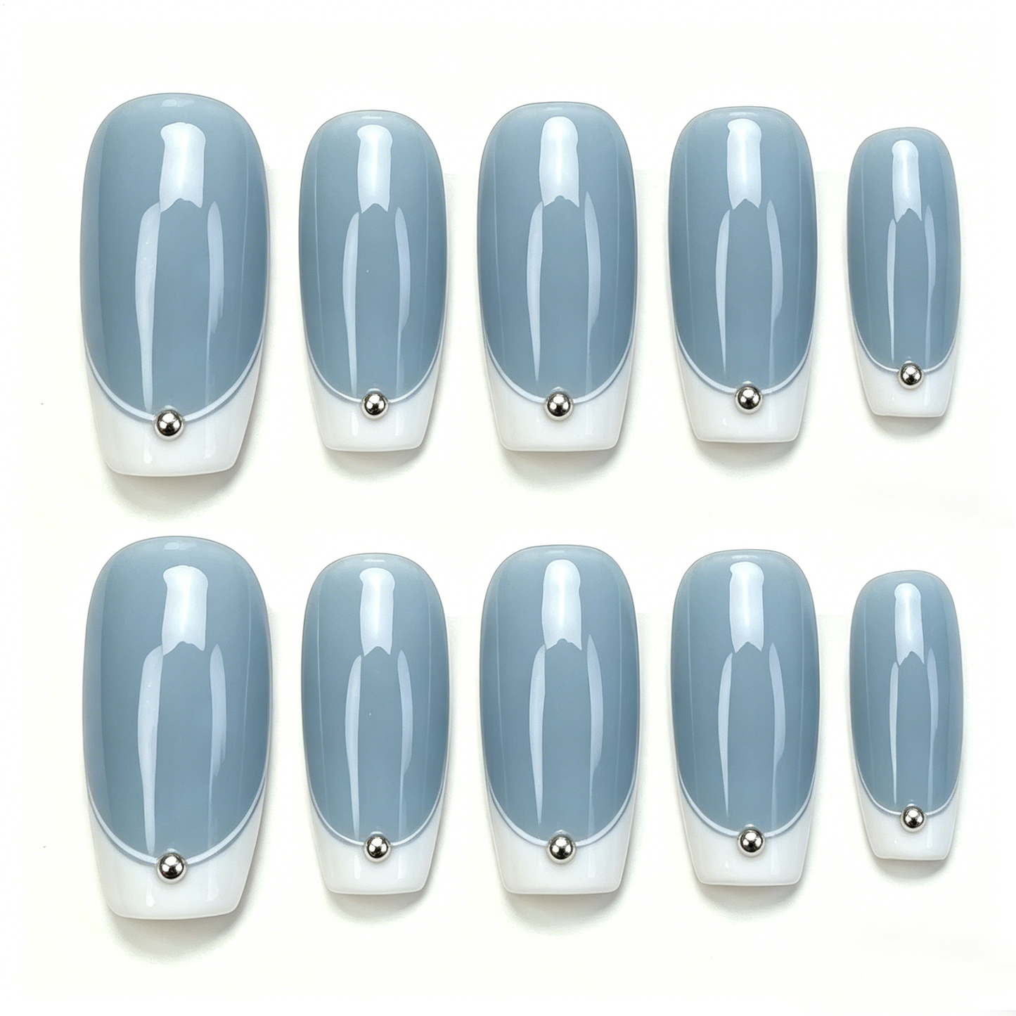 Grey Blue French Stud Press On Nails