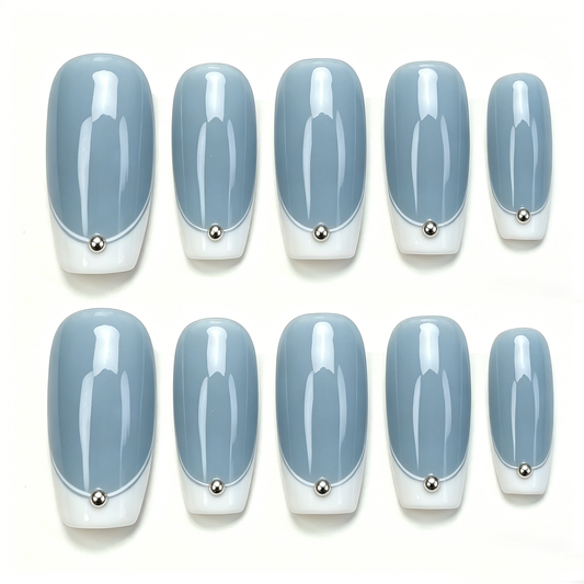 Grey Blue French Stud Press On Nails