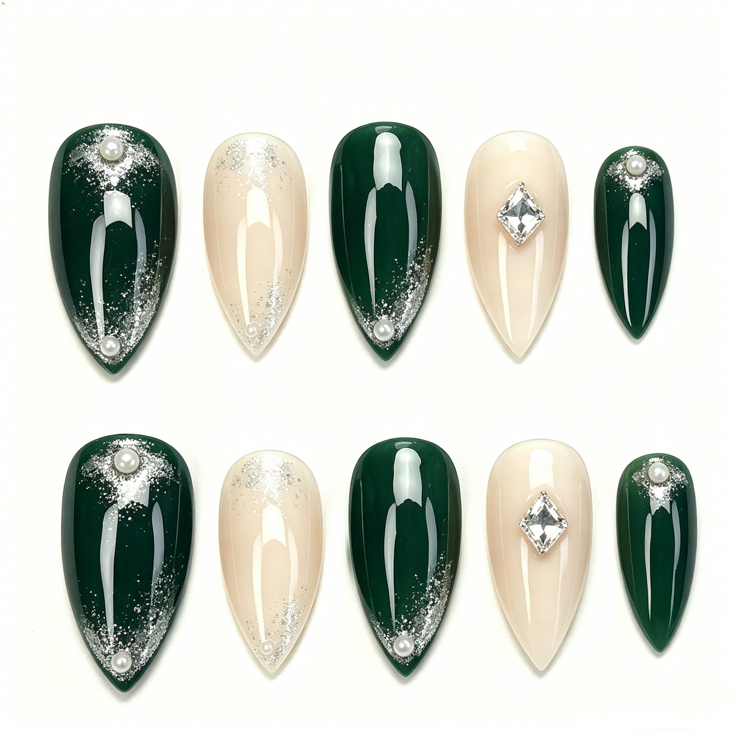 Forest Green Pearl Shimmer Almond Nails