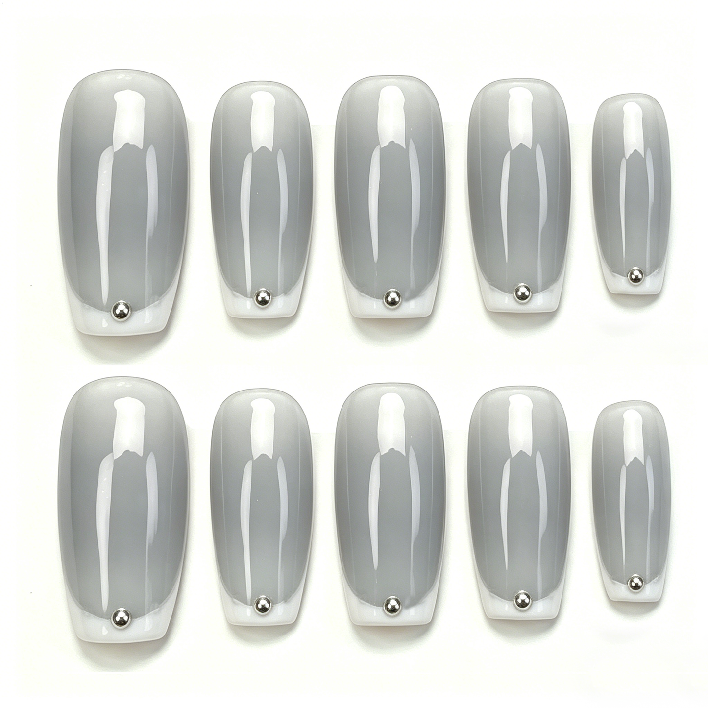 Grey French Silver Stud Press On Nails