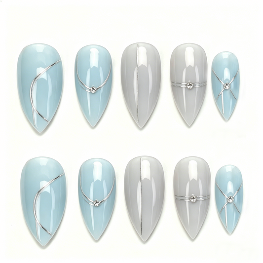 Blue Grey Minimal Line Geometric Almond Nails