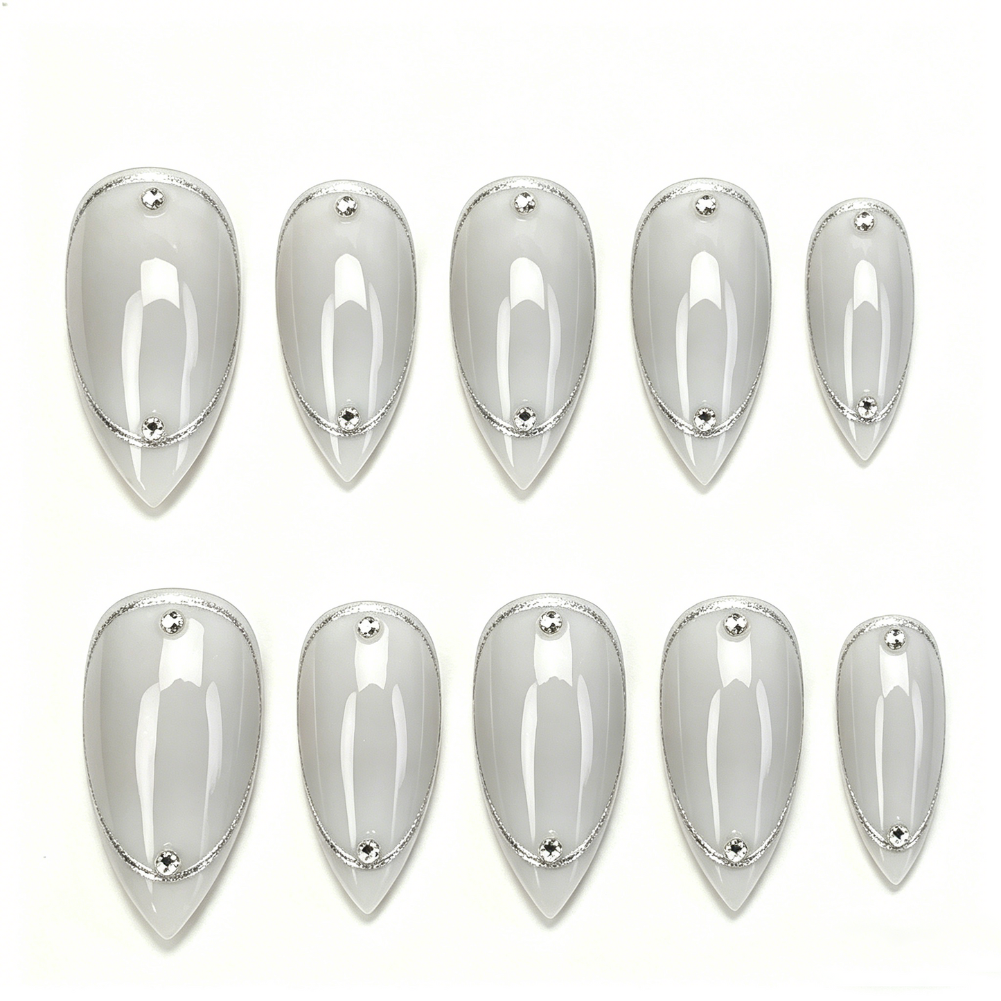 Milky Gray Silver Trim Minimal Almond Nails