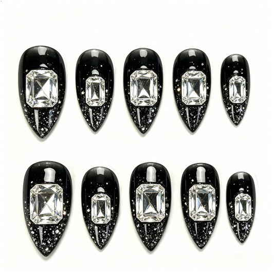 Black Glitter Big Square Diamond Cool Almond Nails