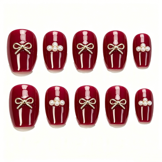 Burgundy Gold Bow Pearl Square Nails