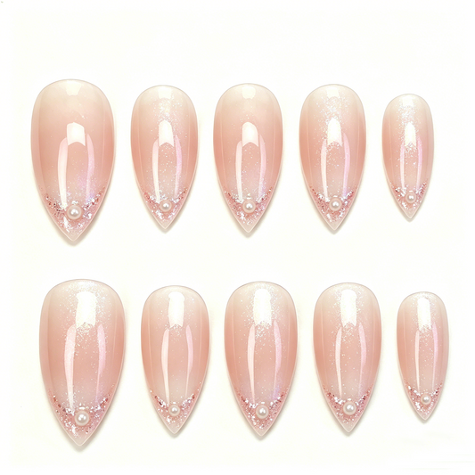 Pink Glitter Pearl Tip Nails