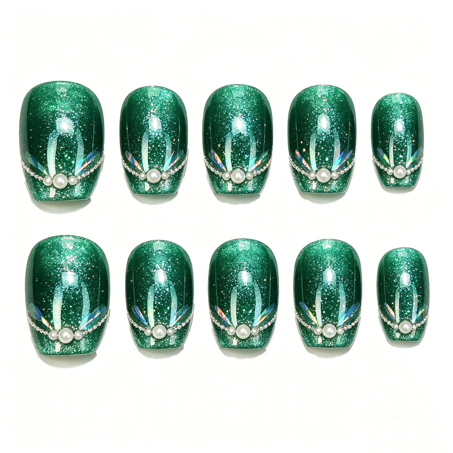 Emerald Glitter Pearl Mermaid Square Nails